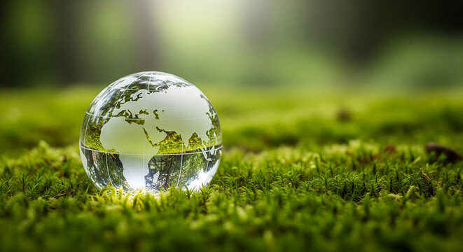 Glass globe with world map etched, resting on lush green moss, symbolizing environmental conservation and global awareness