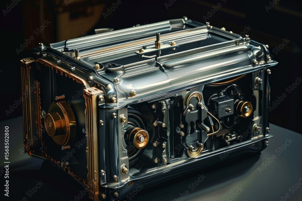 Poster close up of a metallic device with intricate gears and mechanisms, highlighting precision engineerin