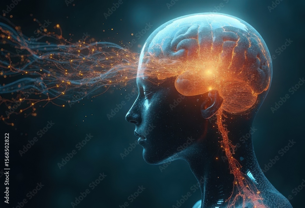 Poster illuminated brain and neural pathways: a glimpse into human consciousness