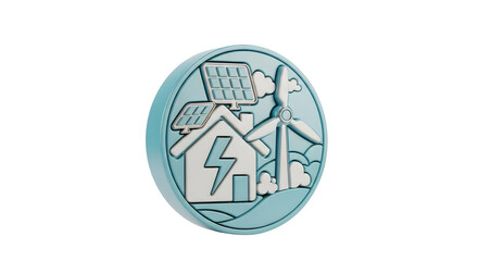 Renewable energy concept with house, solar panel, and wind turbine icon. Sustainable home power on transparent background for ecological design.