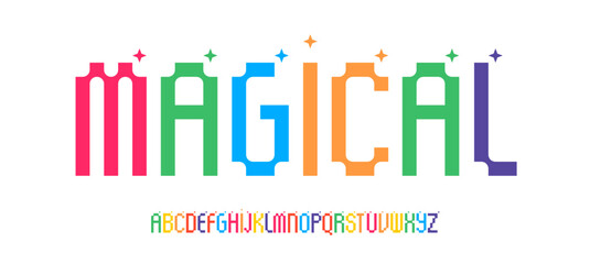 Rainbow pixel alphabet, colorful geometric font, joyful magical typeface for kid fantasy logo, digital fairy headline, playful toy typography, bright wonderland typographic design. Vector typeset