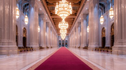 Obraz premium An elegant hallway featuring majestic columns, ornate chandeliers, and a plush red carpet, This sophisticated scene is ideal for event planning, luxury branding, or architectural designs,