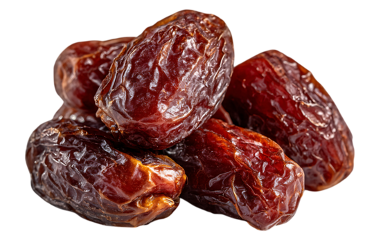 A close up macro shot of a pile of dried medjool dates with a dark brown wrinkled texture against a transparent background