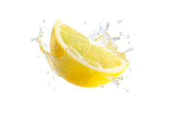 A bright yellow lemon wedge splashes into clear water creating dynamic liquid droplets and splashes against a transparent background