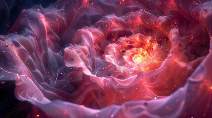 Flowing, ethereal red and pink clouds swirling around a bright, fiery center with glowing particles