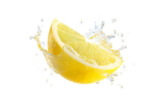 A bright yellow lemon wedge splashes into clear water creating dynamic liquid droplets and splashes against a transparent background