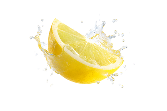 A bright yellow lemon wedge splashes into clear water creating dynamic liquid droplets and splashes against a transparent background