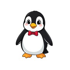 Obraz premium Cartoon penguin with a red bow tie standing upright, isolated on a white background. Cute and charming.
