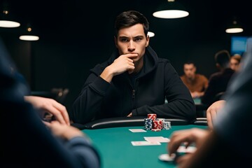 Poker player thinking strategy at casino table game professional gambling tournament night