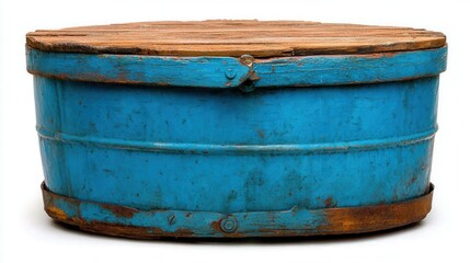 Fototapeta premium A rustic blue barrel with a wooden top can serve as a decorative element in home decor, photography, or art projects, evoking a sense of vintage charm and uniqueness,
