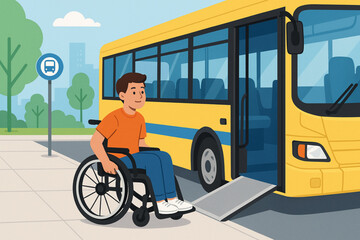 Young Man in Wheelchair Boarding City Bus Inclusive Flat Vector