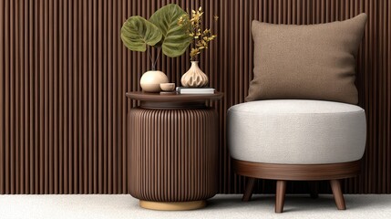 A stylish interior corner with a ribbed brown wall, an elegant side table adorned with decor, and a cozy upholstered chair, Ideal for design inspiration, home decor, and lifestyle blogs,