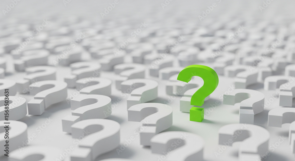 Poster Green question mark stands out among many white ones, symbolizing unique solution or different perspective, ideal for problem-solving or brainstorming concepts
