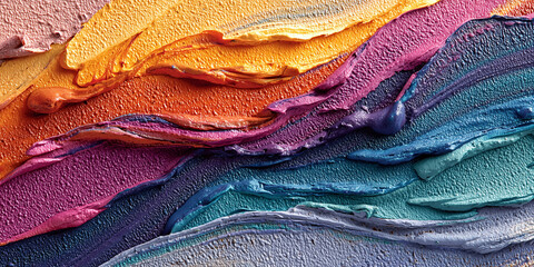 Zaburzone pasma grubych pociągnięć farby w odcieniach pomarańczu, fioletu, turkusu i szarości. Tekstura i gradient kolorów są wizualnie intrygujące.