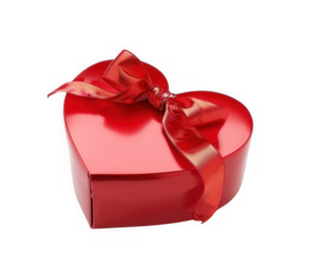 Shiny red heart shaped gift box with ribbon isolated on transparent background