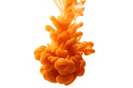 Colorful orange ink cloud expanding in water, isolated on transparent background, perfect for visual effects and motion graphics