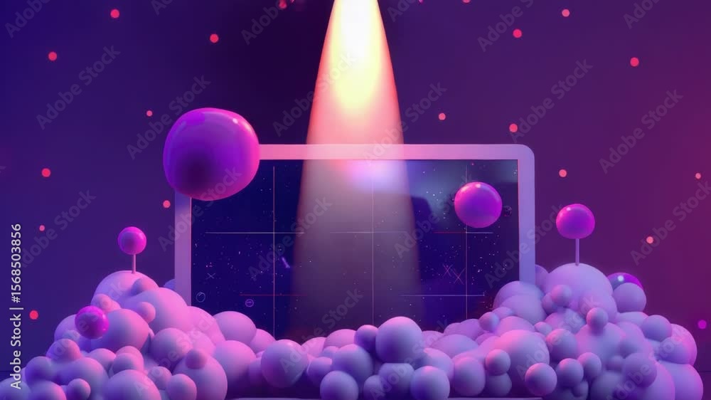 Aufkleber A laptop sits on top of a stack of colorful balls, perfect for use in education or entertainment settings