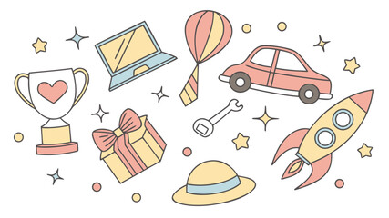 Cute vector set with laptop, car, rocket, gift, trophy, balloon and more elements