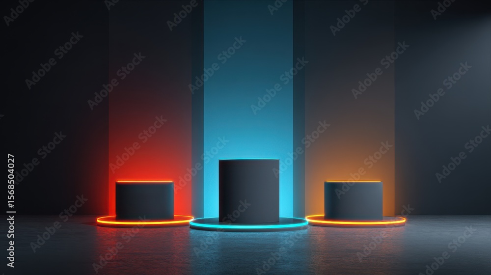 Poster vibrant triple color podium display for gaming and tech concepts with neon lights