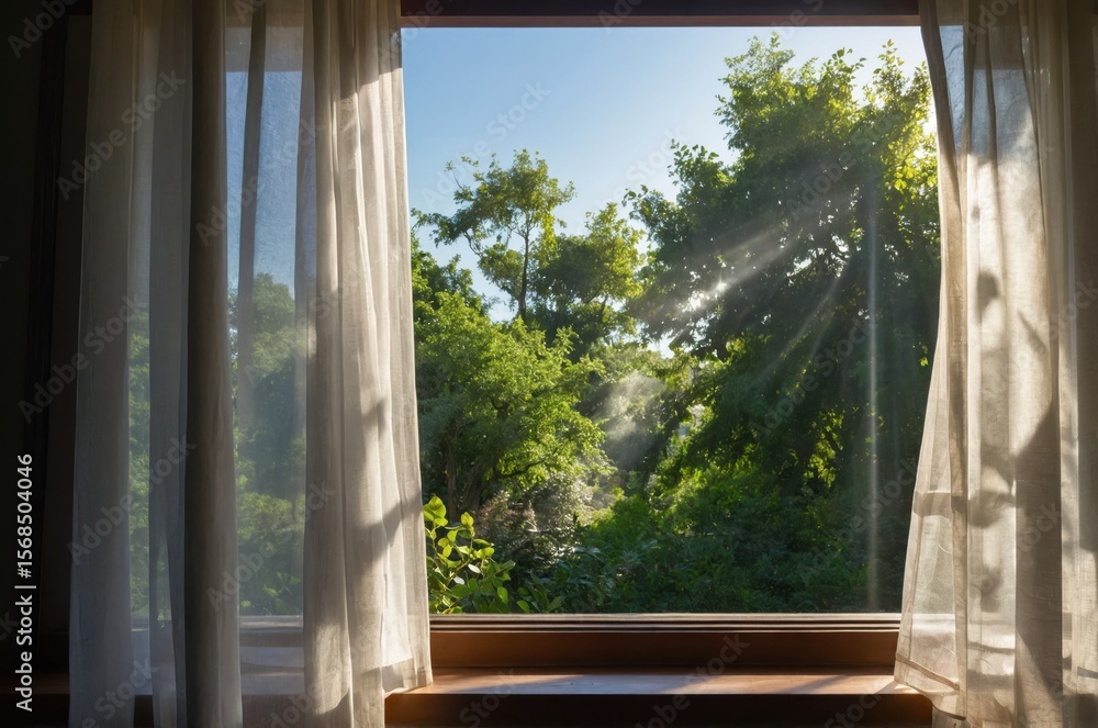 Poster sunlight streams through a window, illuminating the trees. a serene nature view from the indoors.