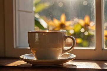 Obraz premium Cozy morning coffee: a warm beverage in a mug on a wooden table by a window with flowers in the background.