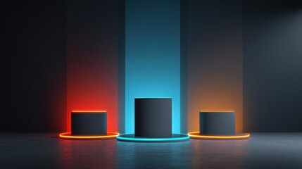 Vibrant Triple Color Podium Display for Gaming and Tech Concepts with Neon Lights