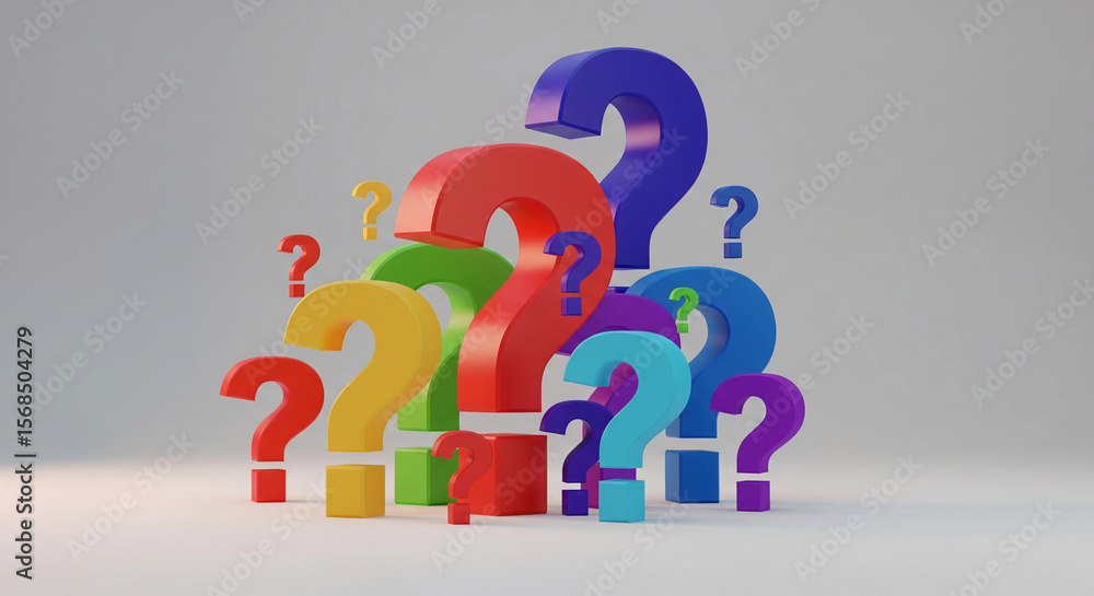 Poster colorful 3d question marks of various sizes form a cluster, symbolizing inquiry, uncertainty, or the