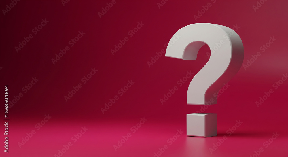 Poster white question mark on pink background, simple 3d render, showcasing uncertainty or inquiry, ideal f