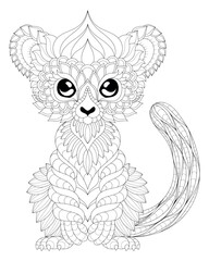 Vector illustration of cute lemur for coloring. Black and white coloring page with lemur.