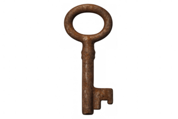 Old rusty key isolated on a transparent background, evoking history, security, and access to hidden secrets