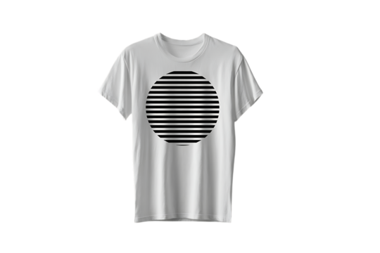 Minimalist white t shirt with a bold black and white striped circle graphic design on a transparent background