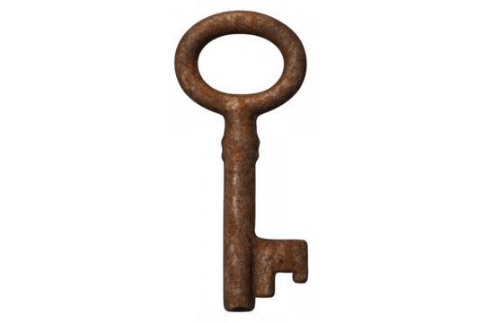 Old rusty key isolated on a transparent background, evoking history, security, and access to hidden secrets