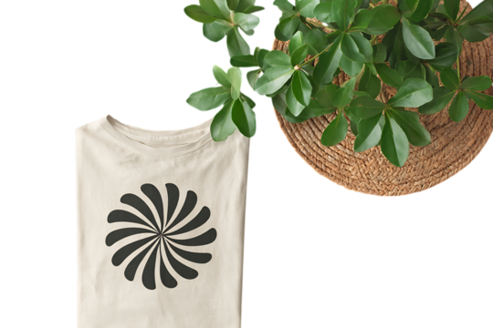 Minimalist beige t shirt with black abstract sunburst graphic design and green plant on woven mat on a transparent background