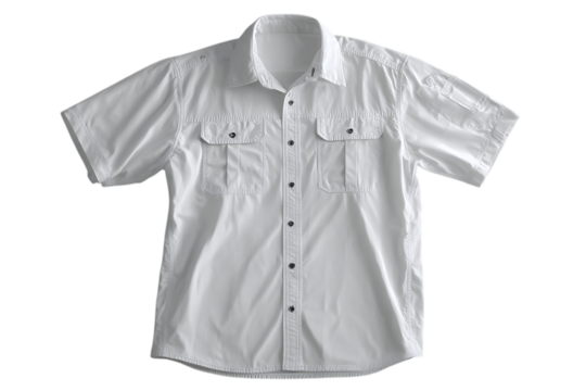 Crisp white short sleeve collared shirt with two chest pockets and button down front on a transparent background