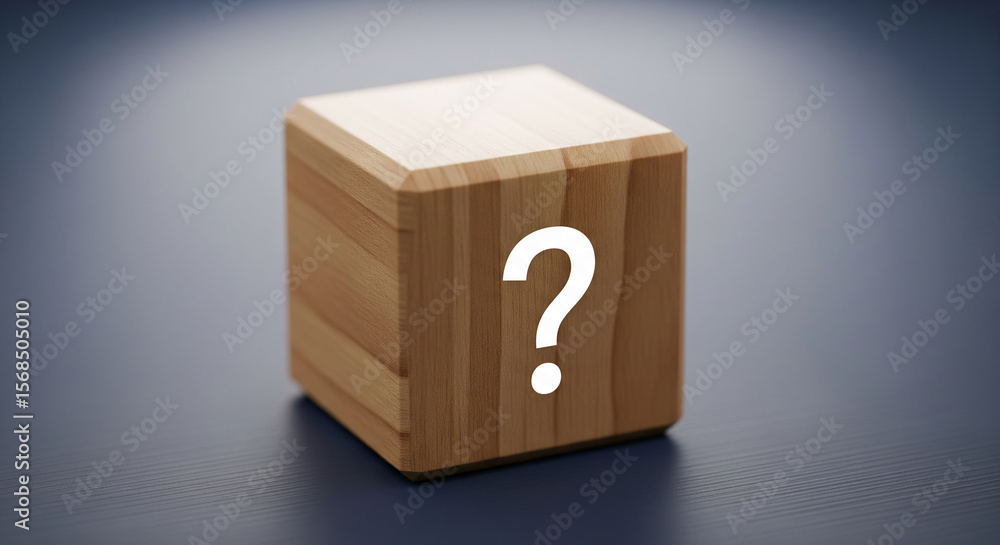 Poster wooden cube with a question mark, showcasing uncertainty or inquiry, suitable for concepts related t