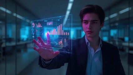 Future technology interaction: Man using virtual interface to display data, charts, graphs and maps.