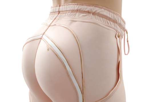 Close up view of a woman s posterior wearing seamless pink athletic leggings with gold detailing and a drawstring on a transparent background