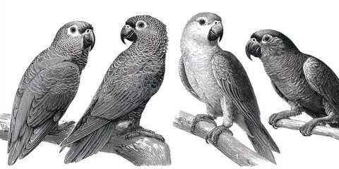 Classic Engraved Parrot Illustrations: Isolated Bird Art Collection in Ink Sketch Style