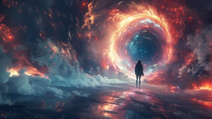 Person facing swirling, fiery, cosmic portal on a reflective surface beneath stormy skies