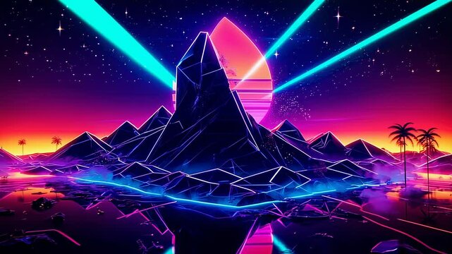 Synthwave retro landscape with neon mountains, laser beams and sunset