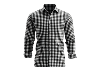 Classic black and white gingham checkered long sleeve button up dress shirt for men on a transparent background