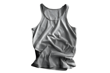 A crumpled grey tank top lies flat against a transparent background with dramatic studio lighting