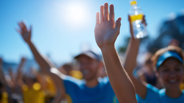 Community Event Celebration with Runners High Fives Under Clear Skies