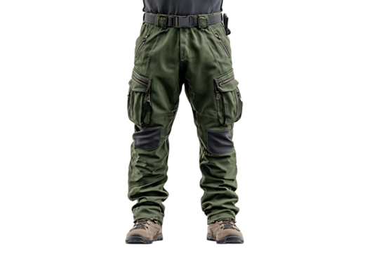 Man wearing tactical cargo pants with multiple zippered pockets and hiking boots against a transparent background