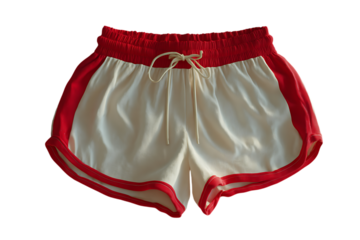 Retro style white and red dolphin shorts with drawstring and elastic waistband cutout on transparent background