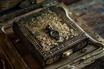 Metal carabiner keychain placed on top of vintage book with ornate golden decorations, suggesting history, mystery, and secrets