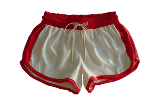Retro style white and red dolphin shorts with drawstring and elastic waistband cutout on transparent background