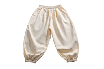 Comfortable cream colored linen blend harem pants with elastic waistband and cuffs on a transparent background