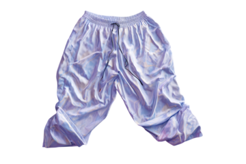 Fashionable iridescent light purple satin track pants with drawstring on a transparent background