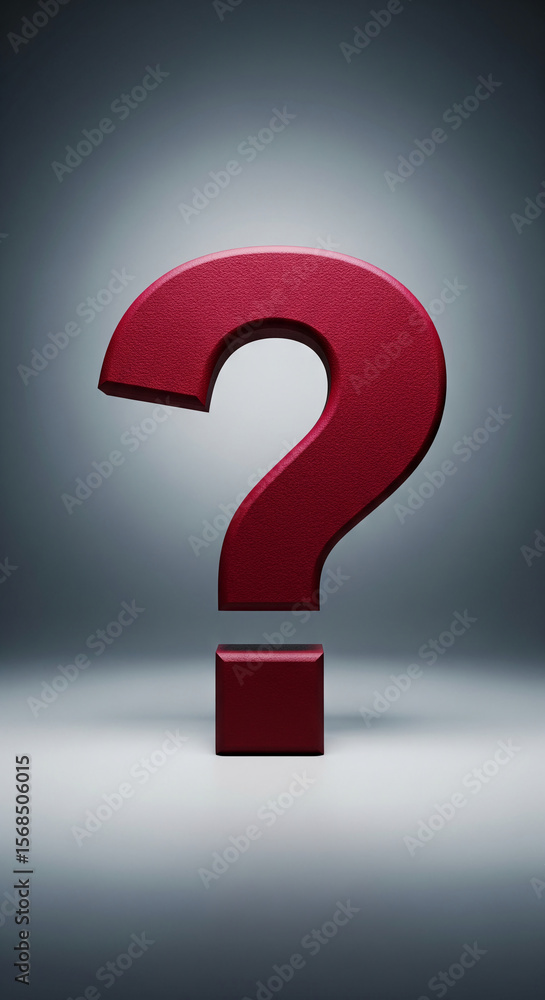 Poster Red textured question mark, 3D rendering, standing on a plain background, symbolizing inquiry, uncertainty, or problem-solving